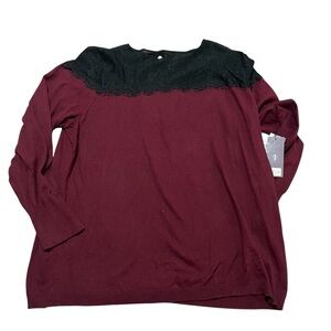 NWT Women's Burgundy Sweater with Black Lace Neckline Plus Size 2X Holiday Party